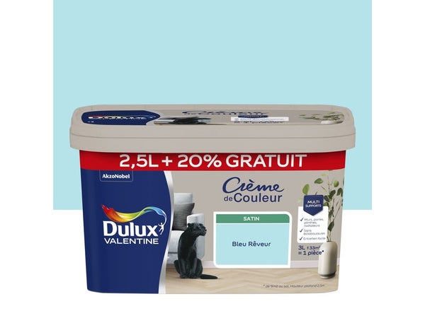 Peinture mur Crème de couleur DULUX VALENTINE bleu rêveur satin 2.5L+20% gratuit