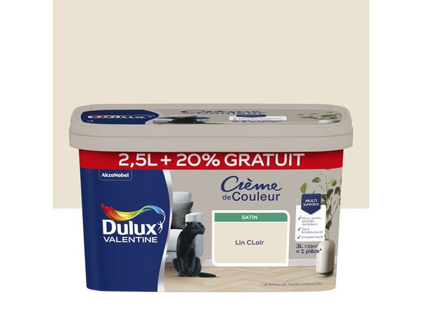 Peinture mur, Crème de couleur DULUX VALENTINE lin clair satiné 2.5L+20% gratuit
