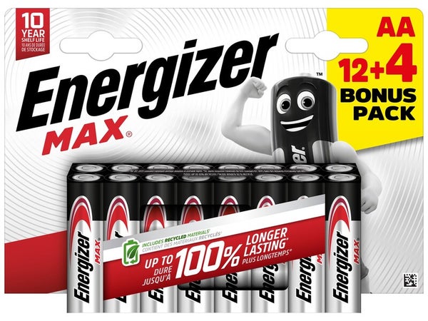 Lot de 12 piles alcaline + 4 max ENERGIZER AA