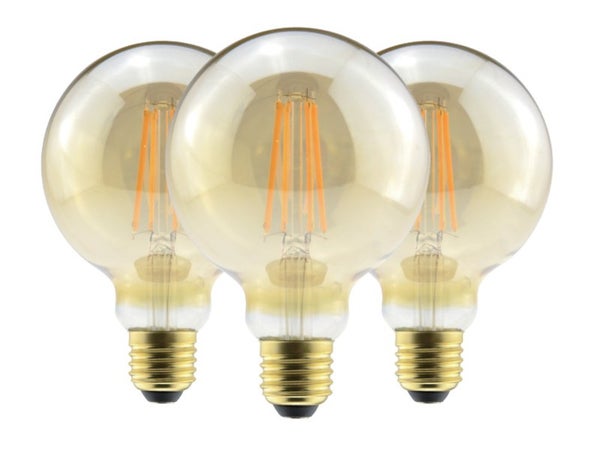 Lot de 3 ampoules décoratives led ambre globe 95 mm E27 806 Lm = 60 W blanc très chaud