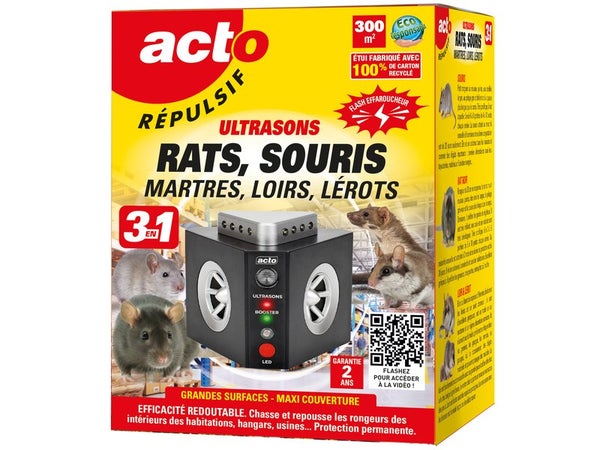 Répulsif ultrasons rats, souris, loirs, lérots et araignées, protége  jusqu'à 280 m²