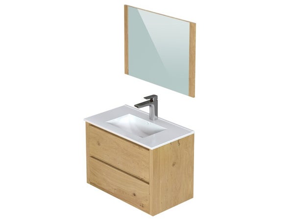 Meuble simple vasque, 2 tiroirs, Madison, imitation chêne naturel, l.80 x H.58 x P.47 cm