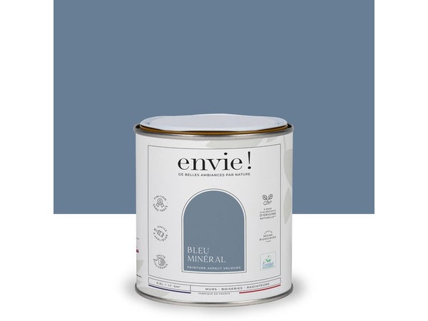 Peinture aspect velours murs, boiseries et radiateurs, biosourcée, ENVIE, bleu minéral, 0.5 litre