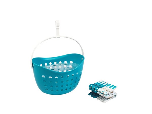 Lot de 12 pinces à linge fleur et son panier en polypropylène, H.14 X P.17 cm bleu