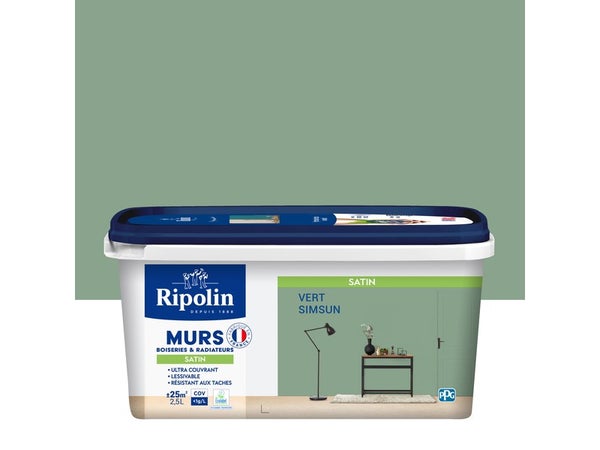 Peinture intérieur mur/boiserie/radiateur satiné, RIPOLIN,  vert simsun, 2.5 litres
