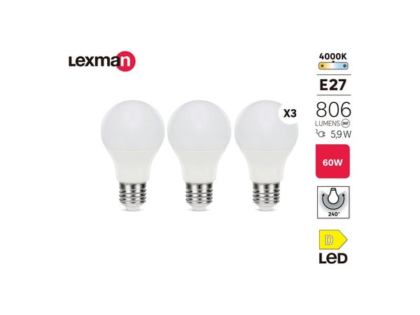 Lot de 3 ampoules led, plastique, E27, 806lm = 60W, blanc neutre, LEXMAN