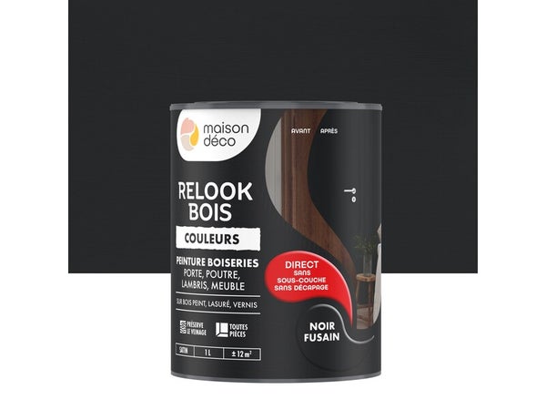 Peinture  Relook bois MAISON DECO, noir fusain satine, 1 l