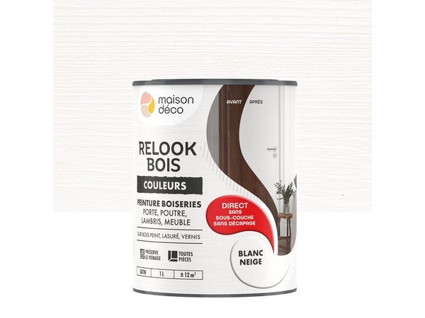 Peinture  Relook bois MAISON DECO, blanc neige satine, 1 l