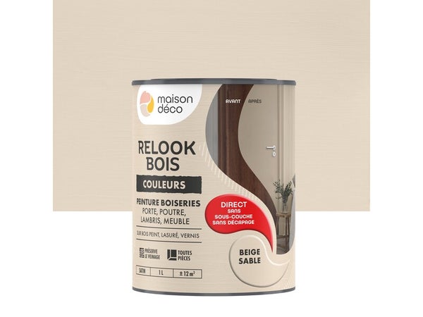 Peinture  Relook bois MAISON DECO, beige sable satine, 1 l