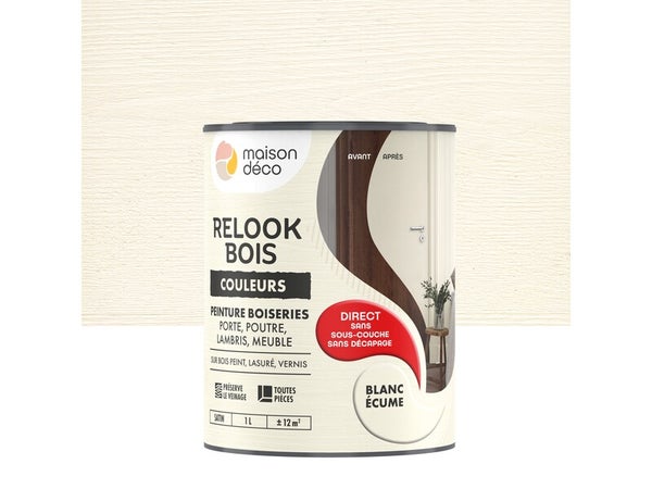 Peinture  Relook bois MAISON DECO, blanc ecume satine, 1 l