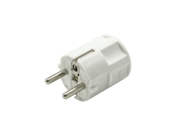 Fiche électrique mâle 2 pôles + terre, connexion en haut, 16A blanc