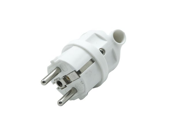 Fiche électrique mâle 2 pôles + terre connexion sur le côté, 16 A blanc