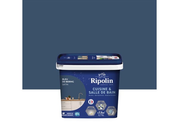 Peinture mur, RIPOLIN, cuisine et bain, 0.75 litre, bleu de bering satin