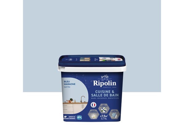 Peinture mur, RIPOLIN cuisine et bain, 0.75 litre, bleu maraone satin