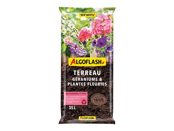 Terreau géraniums et plantes fleuries, ALGOFLASH, 35 litres