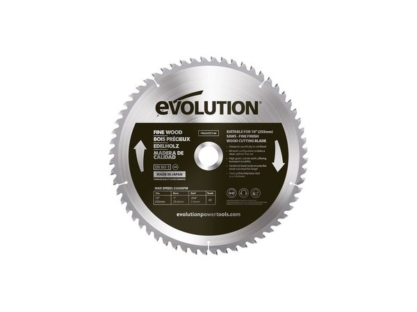 Lame  en carbure de tungstène pour bois fin, EVOLUTION, 60 dents, alésage 20mm diam 255 mm