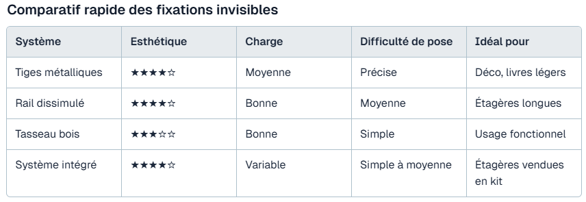 Comparatif rapide des fixations invisibles