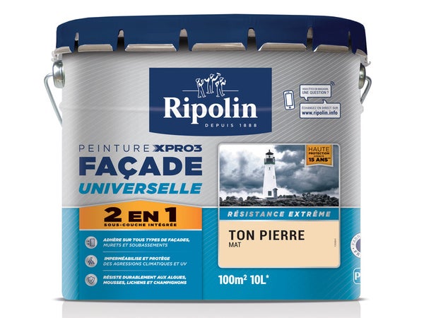Peinture Façade 2En1 Xpro3 Ripolin, Ton Pierre, 10 L