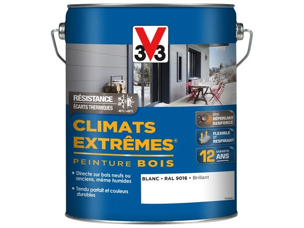 Peinture Bois Extérieur Climats Extrêmes® V33, Brillant Blanc Brillant 5 L