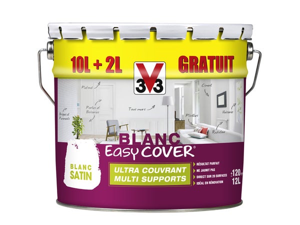 Peinture multisupport V33 Easy cover® blanc couvrant satiné, 12 l