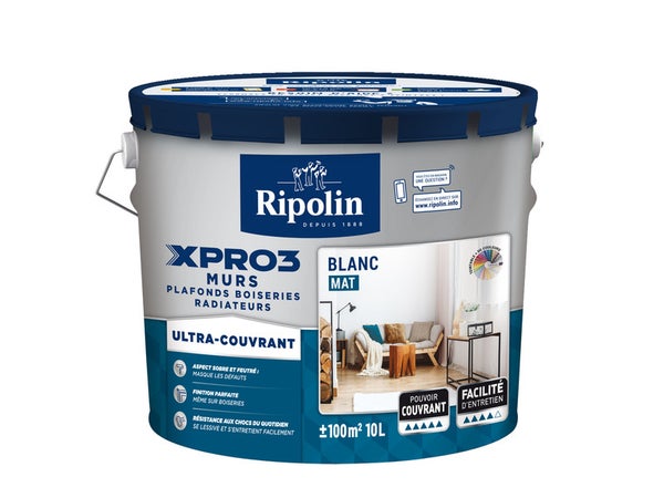Peinture Mur, Plafond Et Boiserie Ripolin Xpro3 Blanc Mat, 10 L
