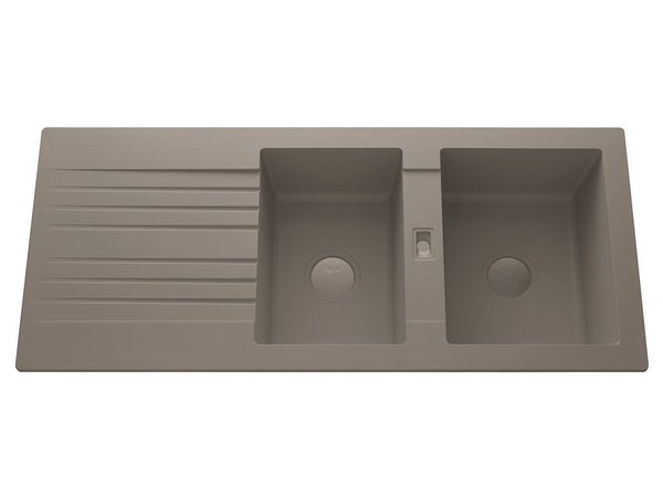 Evier à encastrer 2 bacs avec égouttoir, résine, gris / argent Solo