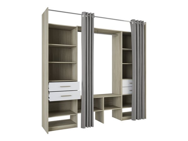 Kit dressing chêne DAKOTA / blanc doubles colonnes duo H. 218.3 x L. 221,3 x P. 50 cm