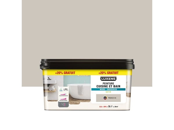 Peinture mur et boiserie Cuisine et bain LUXENS, beige TRENCH 6 satiné 3L