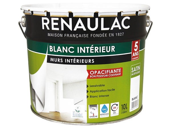 Peinture mur intérieur bicouche blanc satiné Renaulac 10L