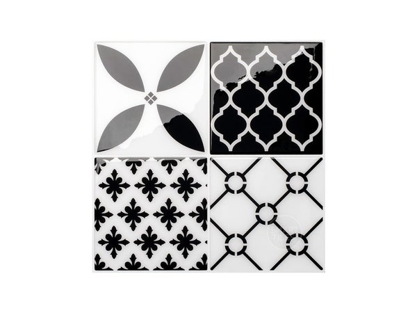 Lot de 4 crédences adhésives Bilbao, blanc et noir, 22.9 cm x 22.9 cm