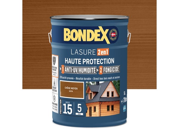 Lasure BONDEX 2en1 haute protection 5 ans chêne moyen satiné 5 L
